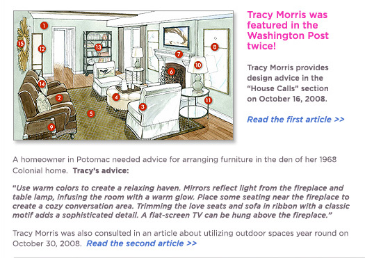 (Text) Tracy Morris was featured in the Washington Post twice!  Tracy Morris provides design advice in the House Calls section on October 16, 2008.  A homeowner in Potomac needed advice for arranging furniture in the den of her 196 Colonial home.  Tracy's advice:  Use warm colors to create a relaxing haven.  Mirrors reflect light from the fireplace and table lamp, infusing the room with a warm glow.  Place some seating near the fireplace to create a cozy conversation area. Trimming the love seats and sofa in ribbon with a classic motif adds a sophisticated detail.  A flat-screen TV can be hung above the fireplace. Tracy Morris was also consulted in an article about utilizing outdoor spaces year round on October 30, 2008.